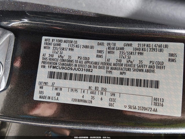 Aukcja sprzedaży 2018 Ford Escape Se, vin: 1FMCU9GD9JUD31082, numer aukcji: 45074050