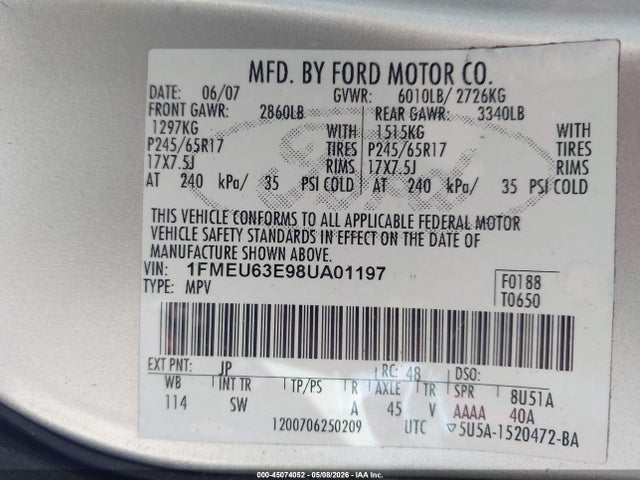 Aukcja sprzedaży 2008 Ford Explorer Xlt, vin: 1FMEU63E98UA01197, numer aukcji: 45074052