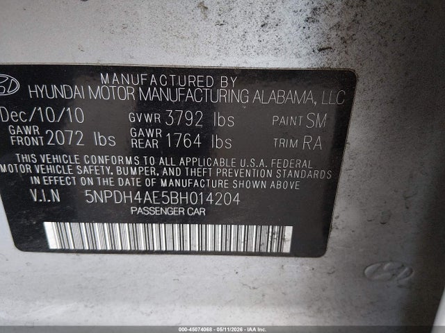 Aukcja sprzedaży 2011 Hyundai Elantra Gls, vin: 5NPDH4AE5BH014204, numer aukcji: 45074068