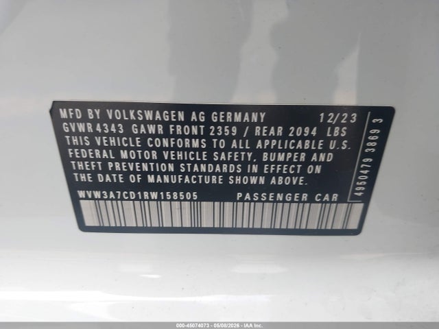 45074073 :رقم المزاد ، WVW3A7CD1RW158505 vin ، 2024 Volkswagen Golf Gti 2.0t Se مزاد بيع
