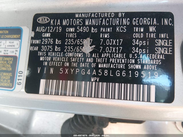Aukcja sprzedaży 2020 Kia Sorento 3.3l Lx, vin: 5XYPG4A58LG619519, numer aukcji: 45074076