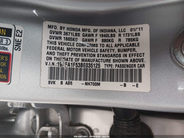 45074091 :رقم المزاد ، 19XFA1F53BE035125 vin ، 2011 Honda Civic Lx مزاد بيع