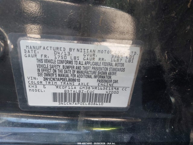 Продажа на аукционе авто 2014 Nissan Versa 1.6 Sv, vin: 3N1CN7AP0EL808610, номер лота: 45074093