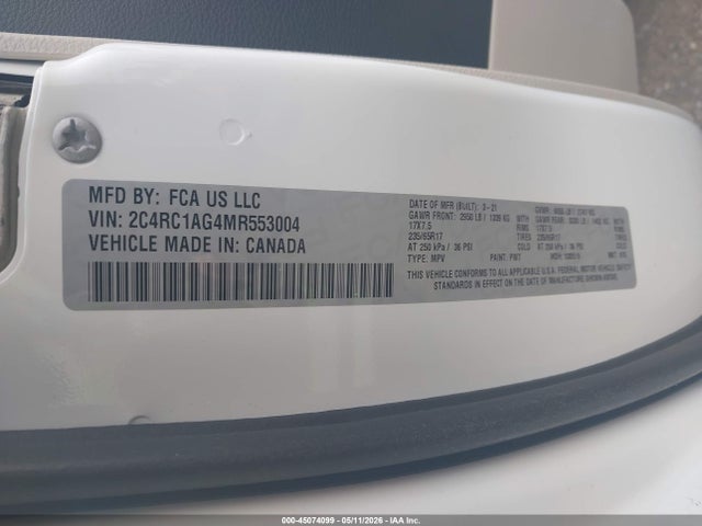 Aukcja sprzedaży 2021 Chrysler Voyager L, vin: 2C4RC1AG4MR553004, numer aukcji: 45074099