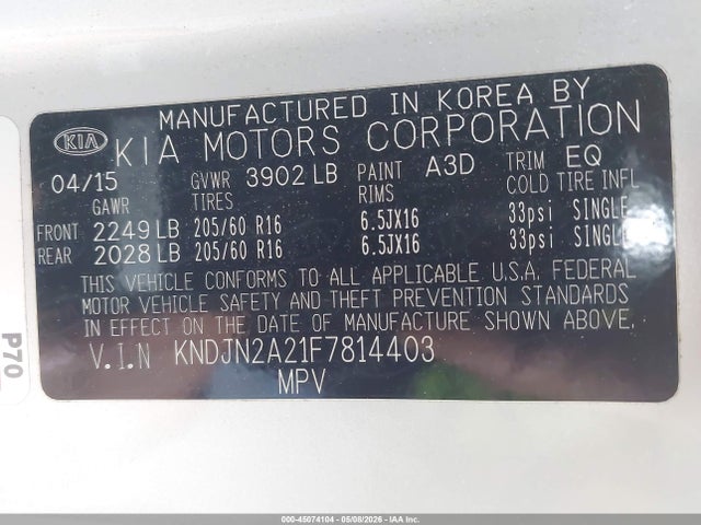 2015 Kia Soul მანქანა იყიდება აუქციონზე, vin: KNDJN2A21F7814403, აუქციონის ნომერი: 45074104