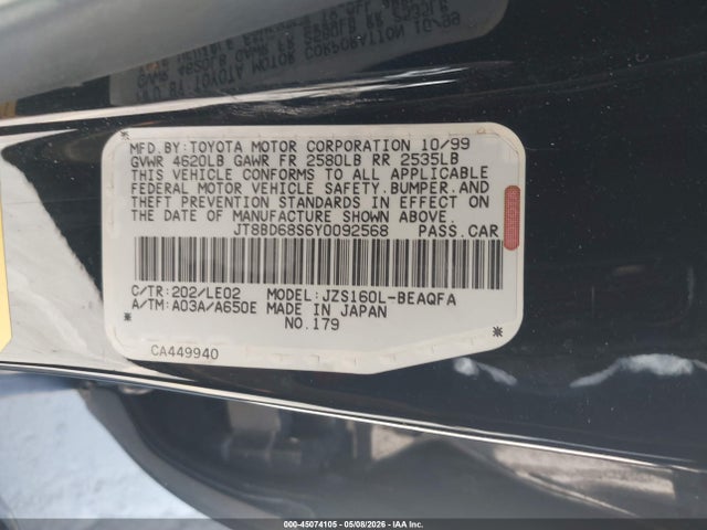 45074105 :رقم المزاد ، JT8BD68S6Y0092568 vin ، 2000 Lexus Gs 300 مزاد بيع