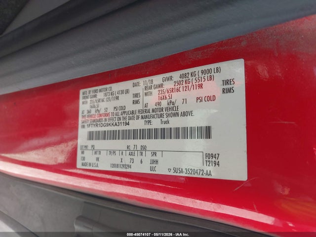 2019 Ford Transit-250 მანქანა იყიდება აუქციონზე, vin: 1FTYR1DG9KKA31194, აუქციონის ნომერი: 45074107