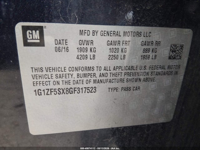 45074112 :رقم المزاد ، 1G1ZF5SX8GF317523 vin ، 2016 Chevrolet Malibu 2lt مزاد بيع