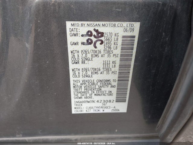 Продаж на аукціоні авто 2009 Nissan Frontier Se, vin: 1N6AD09W39C423082, номер лоту: 45074119