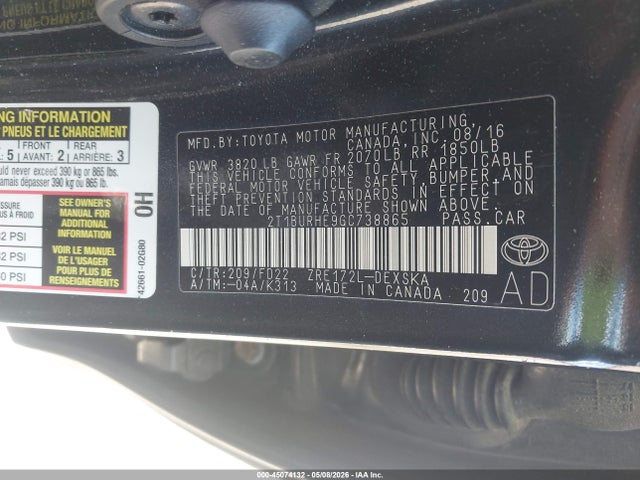 Aukcja sprzedaży 2016 Toyota Corolla S Plus, vin: 2T1BURHE9GC738865, numer aukcji: 45074132