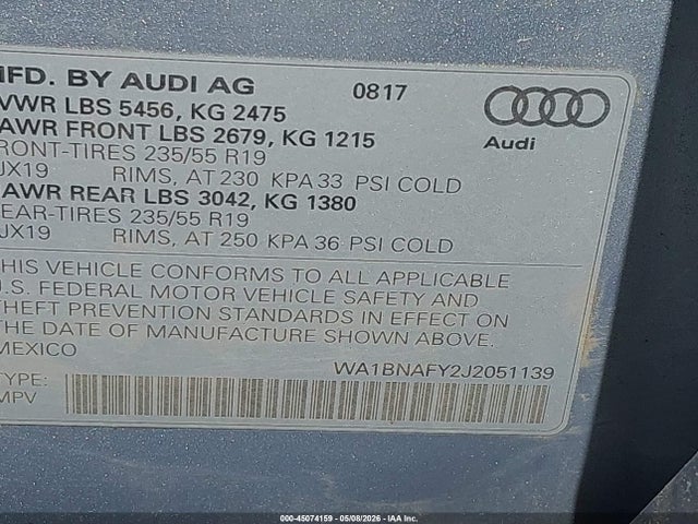 Aukcja sprzedaży 2018 Audi Q5 2.0t Premium/2.0t Tech Premium, vin: WA1BNAFY2J2051139, numer aukcji: 45074159