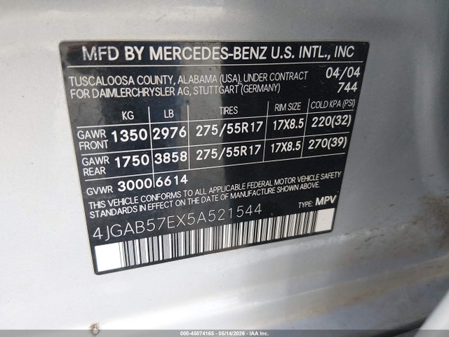 Продажа на аукционе авто 2005 Mercedes-benz Ml 350 4matic, vin: 4JGAB57EX5A521544, номер лота: 45074165