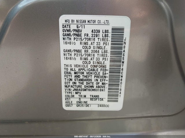 Aukcja sprzedaży 2012 Nissan Rogue S, vin: JN8AS5MT6CW601841, numer aukcji: 45074167