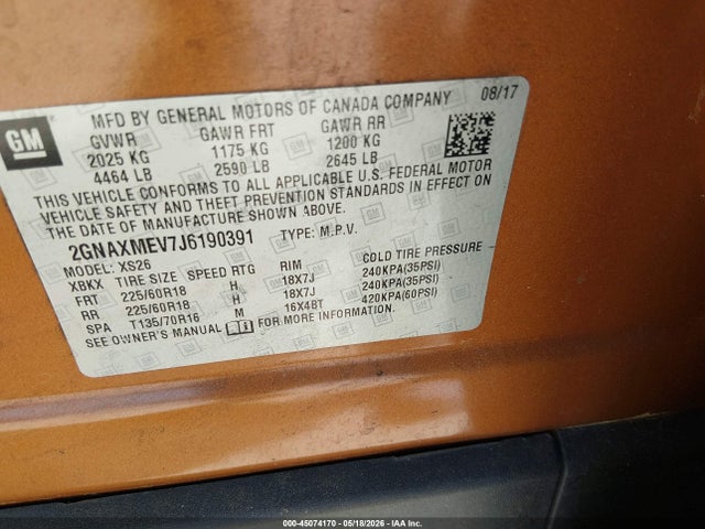 45074170 :رقم المزاد ، 2GNAXMEV7J6190391 vin ، 2018 Chevrolet Equinox Premier مزاد بيع