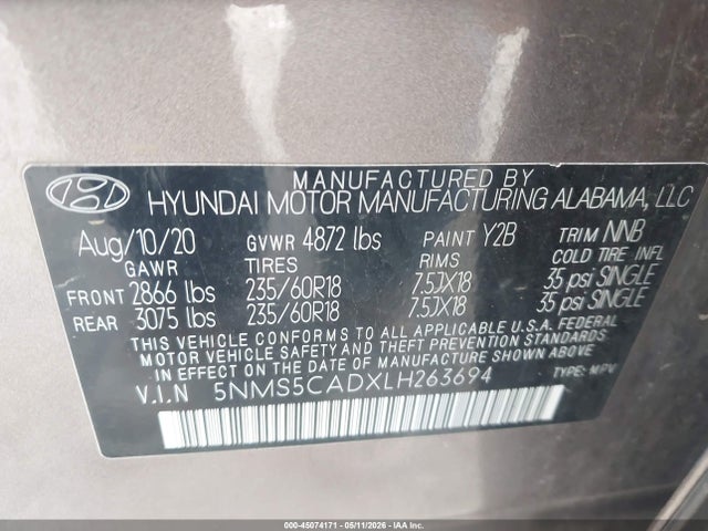 Aukcja sprzedaży 2020 Hyundai Santa Fe Limited, vin: 5NMS5CADXLH263694, numer aukcji: 45074171