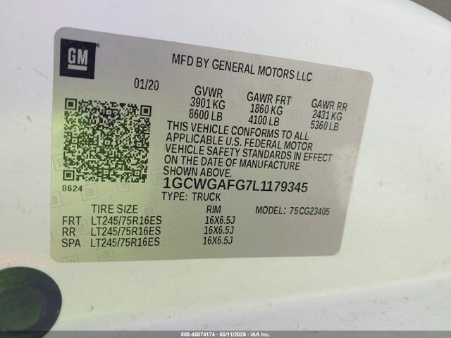 45074174 :رقم المزاد ، 1GCWGAFG7L1179345 vin ، 2020 Chevrolet Express Cargo Rwd 2500 Regular Wheelbase Wt مزاد بيع