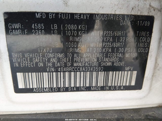 Продаж на аукціоні авто 2010 Subaru Outback 2.5i Premium, vin: 4S4BRCCC8A3343592, номер лоту: 45074179