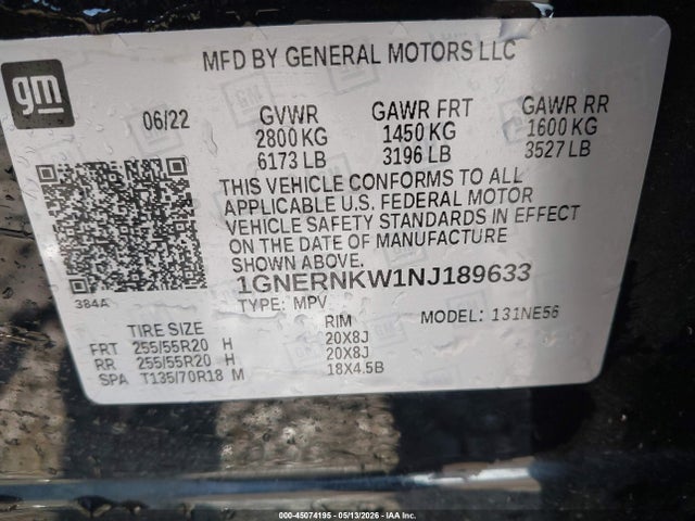 Aukcja sprzedaży 2022 Chevrolet Traverse Fwd High Country, vin: 1GNERNKW1NJ189633, numer aukcji: 45074195