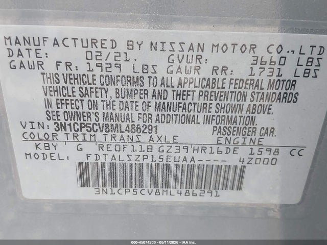 45074200 :رقم المزاد ، 3N1CP5CV8ML486291 vin ، 2021 Nissan Kicks Sv Xtronic Cvt مزاد بيع