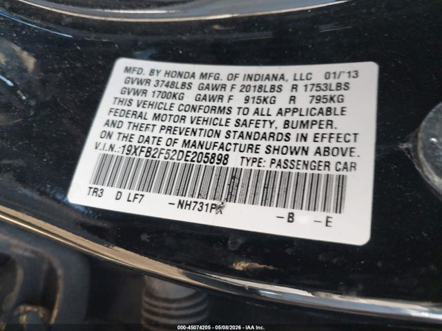 Aukcja sprzedaży 2013 Honda Civic Lx, vin: 19XFB2F52DE205898, numer aukcji: 45074205
