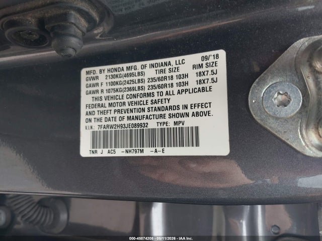 Продажа на аукционе авто 2018 Honda Cr-v Touring, vin: 7FARW2H93JE089932, номер лота: 45074208
