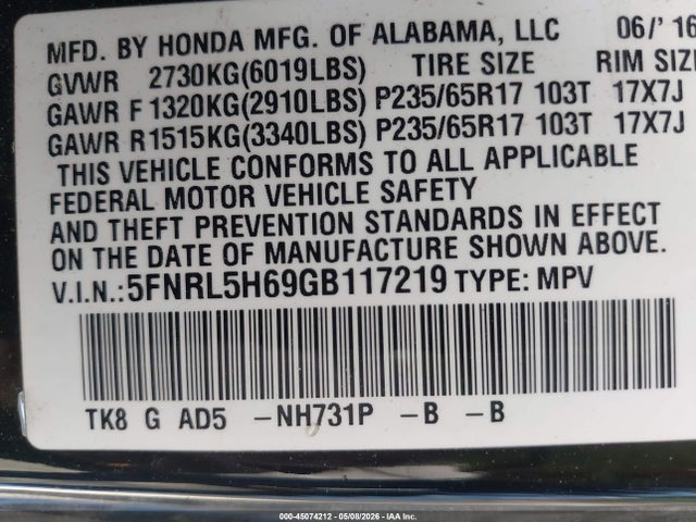 45074212 :رقم المزاد ، 5FNRL5H69GB117219 vin ، 2016 Honda Odyssey Ex-l مزاد بيع