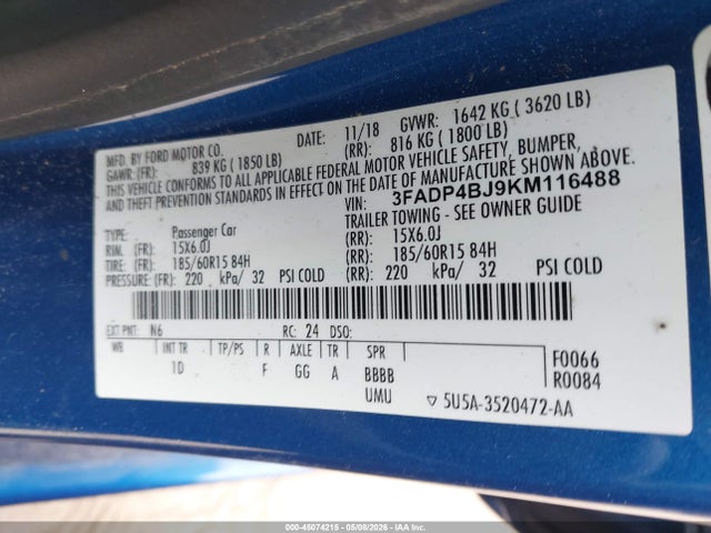 Aukcja sprzedaży 2019 Ford Fiesta Se, vin: 3FADP4BJ9KM116488, numer aukcji: 45074215