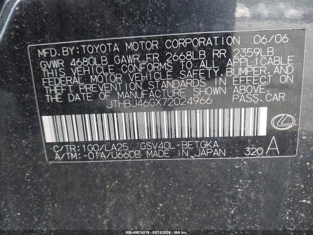 45074219 :رقم المزاد ، JTHBJ46GX72024966 vin ، 2007 Lexus Es 350 مزاد بيع