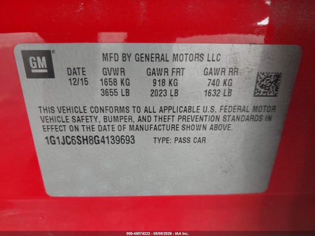 Продажа на аукционе авто 2016 Chevrolet Sonic Lt Auto, vin: 1G1JC6SH8G4139693, номер лота: 45074222