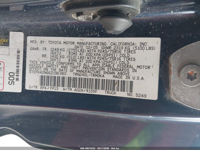 Aukcja sprzedaży 2006 Toyota Tacoma, vin: 5TEPX42N66Z196383, numer aukcji: 45074232