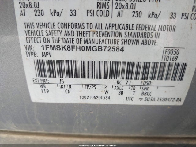 45074237 :رقم المزاد ، 1FMSK8FH0MGB72584 vin ، 2021 Ford Explorer Limited مزاد بيع