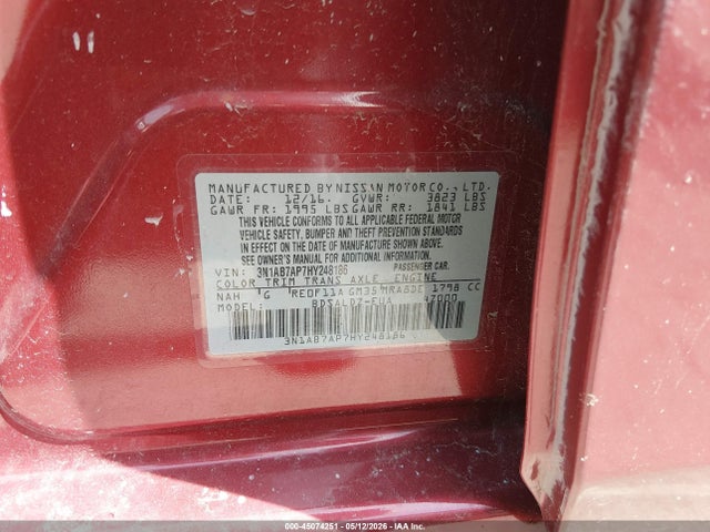 2017 Nissan Sentra Sv მანქანა იყიდება აუქციონზე, vin: 3N1AB7AP7HY248186, აუქციონის ნომერი: 45074251