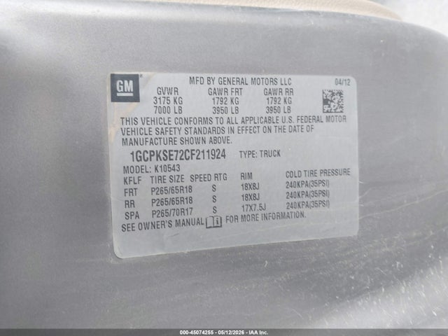 Aukcja sprzedaży 2012 Chevrolet Silverado 1500 Lt, vin: 1GCPKSE72CF211924, numer aukcji: 45074255