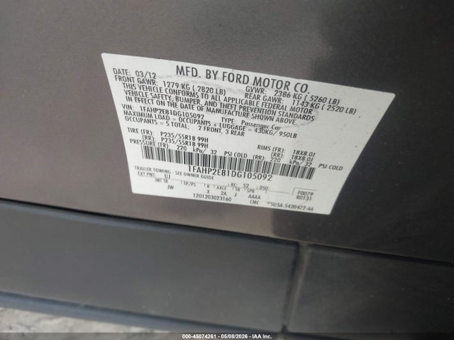 45074261 :رقم المزاد ، 1FAHP2E81DG105092 vin ، 2013 Ford Taurus Sel مزاد بيع