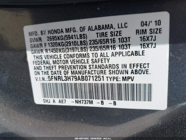 Aukcja sprzedaży 2010 Honda Odyssey Ex-l, vin: 5FNRL3H79AB071251, numer aukcji: 45074262