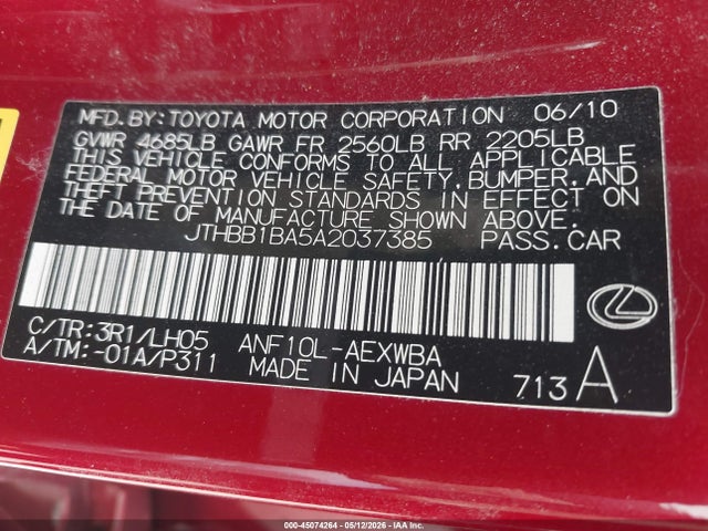 Aukcja sprzedaży 2010 Lexus Hs 250h Premium, vin: JTHBB1BA5A2037385, numer aukcji: 45074264