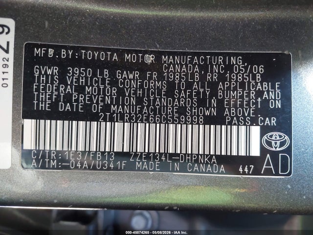 2006 Toyota Matrix Xr მანქანა იყიდება აუქციონზე, vin: 2T1LR32E66C559998, აუქციონის ნომერი: 45074265
