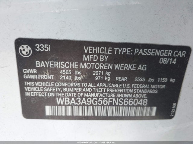 2015 Bmw 335i მანქანა იყიდება აუქციონზე, vin: WBA3A9G56FNS66048, აუქციონის ნომერი: 45074290