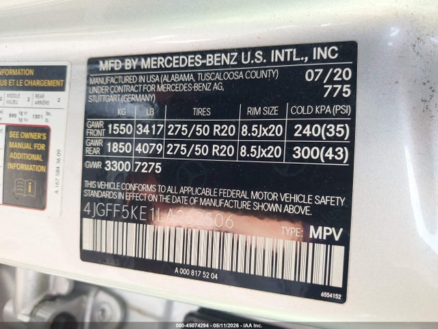 Aukcja sprzedaży 2020 Mercedes-benz Gls 450 4matic, vin: 4JGFF5KE1LA262506, numer aukcji: 45074294