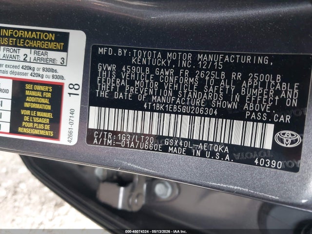 2016 Toyota Avalon Touring მანქანა იყიდება აუქციონზე, vin: 4T1BK1EB5GU206304, აუქციონის ნომერი: 45074324