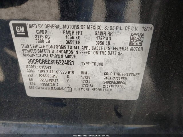 Продаж на аукціоні авто 2015 Chevrolet Silverado 1500 1lt, vin: 3GCPCREC6FG224021, номер лоту: 45074330