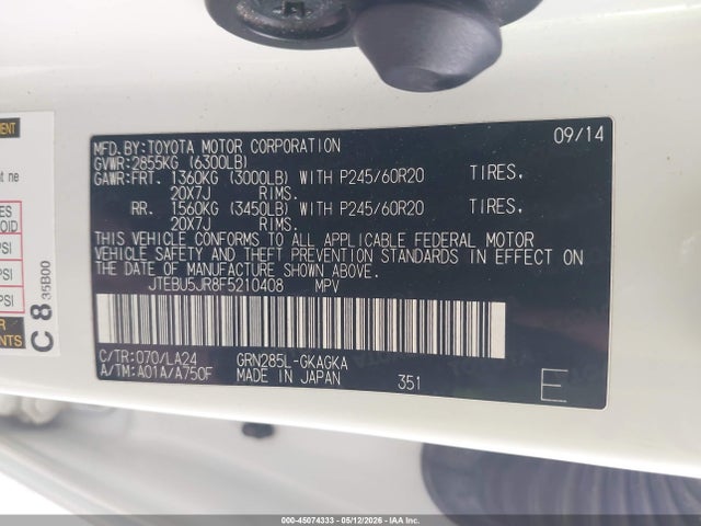 Aukcja sprzedaży 2015 Toyota 4runner Limited, vin: JTEBU5JR8F5210408, numer aukcji: 45074333