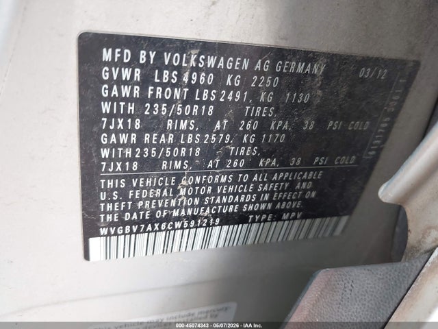 2012 Volkswagen Tiguan Se მანქანა იყიდება აუქციონზე, vin: WVGBV7AX6CW591219, აუქციონის ნომერი: 45074343