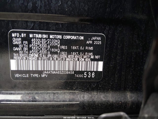 45074350 :رقم المزاد ، JA4ATWAA6SZ038458 vin ، 2025 Mitsubishi Eclipse Cross Black Edition S-awc/se S-awc/sel S-awc مزاد بيع