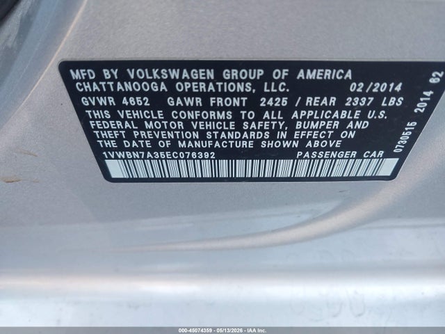 Aukcja sprzedaży 2014 Volkswagen Passat 2.0l Tdi Se, vin: 1VWBN7A35EC076392, numer aukcji: 45074359