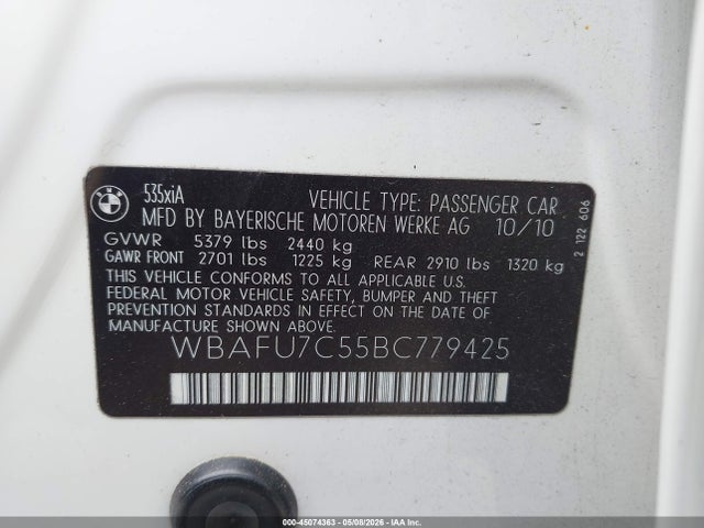 45074363 :رقم المزاد ، WBAFU7C55BC779425 vin ، 2011 Bmw 535i Xdrive مزاد بيع