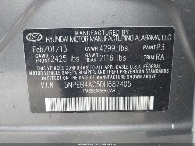 Aukcja sprzedaży 2013 Hyundai Sonata Gls, vin: 5NPEB4AC5DH687405, numer aukcji: 45074366