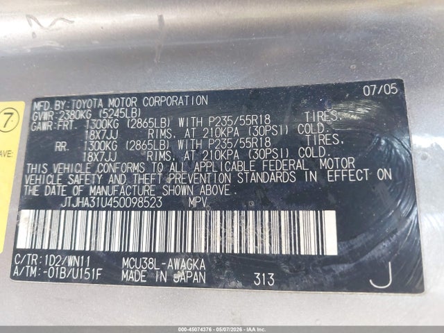 45074376 :رقم المزاد ، JTJHA31U450098523 vin ، 2005 Lexus Rx 330 مزاد بيع