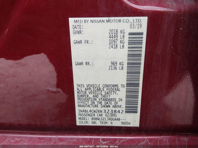 45074377 :رقم المزاد ، 1N4BL4CW2KN323842 vin ، 2019 Nissan Altima 2.5 Sr مزاد بيع