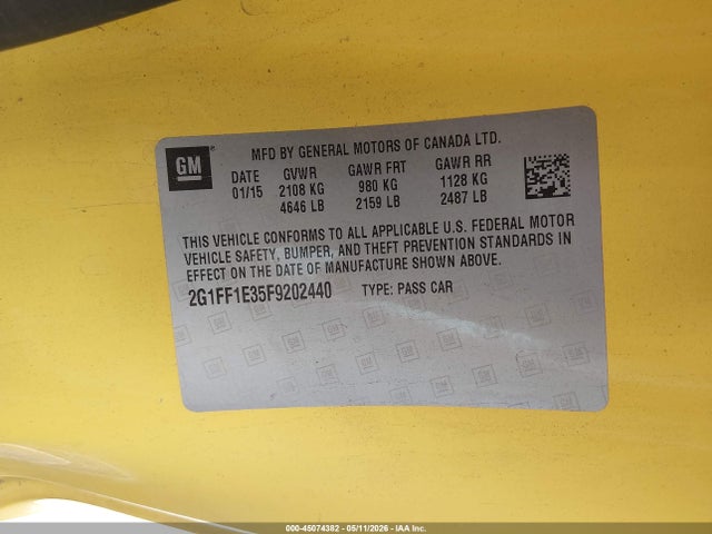 45074382 :رقم المزاد ، 2G1FF1E35F9202440 vin ، 2015 Chevrolet Camaro 2lt مزاد بيع